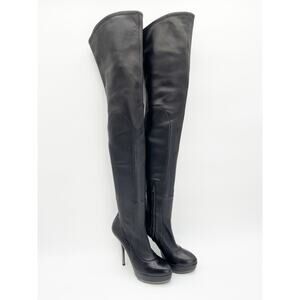 Gucci Black Leather Platform Thigh High Partial Zip Heeled Boots EU 38.5